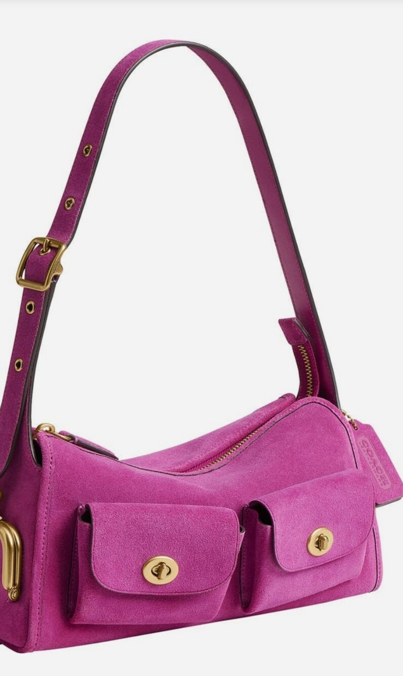 Women’s Fuchsia Suede Shoulder Bag with Gold Hardware